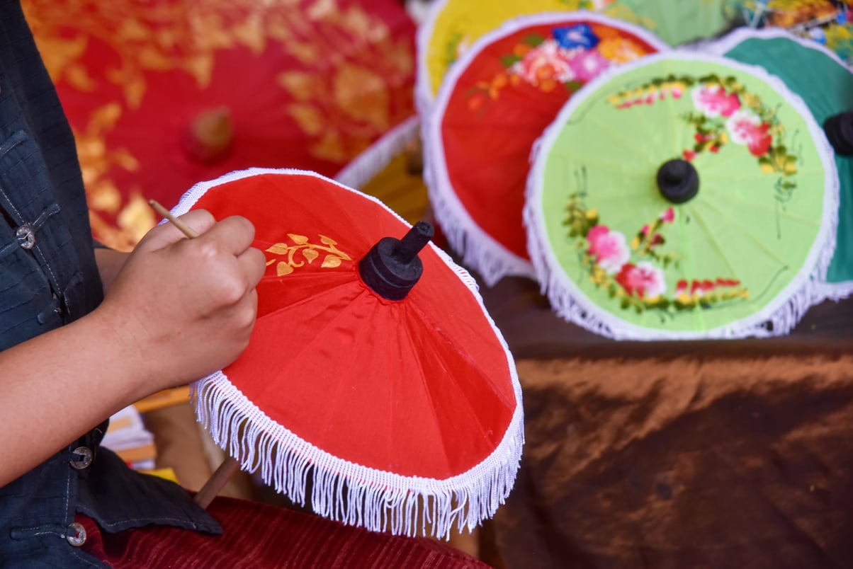 Painting on Handmade umbrella of the village Bo Sang, Chiang mai, Thailand