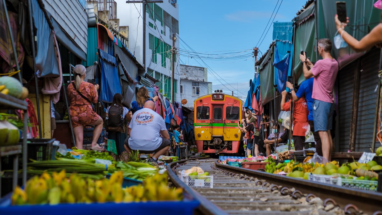 Maeklong Railway Market Thailand, Maeklong Railway Market with train thailand