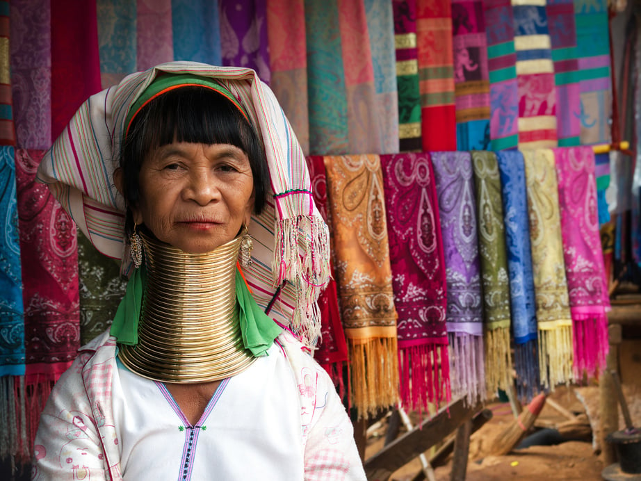 Karen Long Neck Woman Selling Handicrafts in Hill Tribe Village, Chiang Rai, Thailand